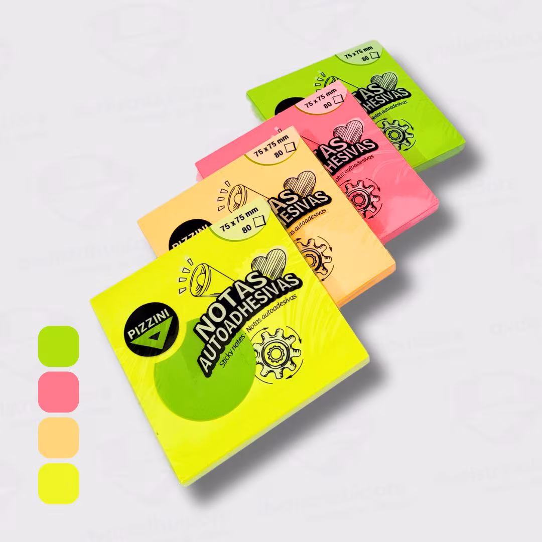 Notas Adhesivas Fluo Pizzini 75MM x 75MM x 80 Hojas – Adhesivo De Duración Prolongada